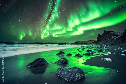 beaful bright green lights of northern lights on iceland beach, created with generative ai photo