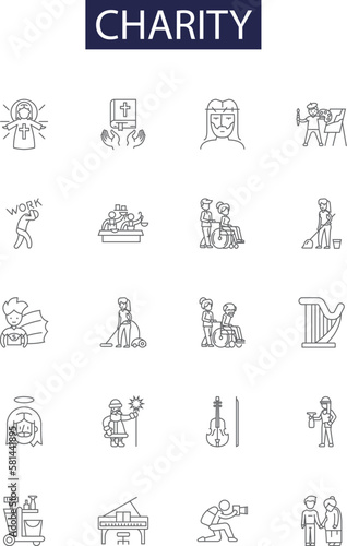 Charity line vector icons and signs. Kindness, Giving, Aid, Donate, Compassion, Support, Voluntary, Humanitarian outline vector illustration set