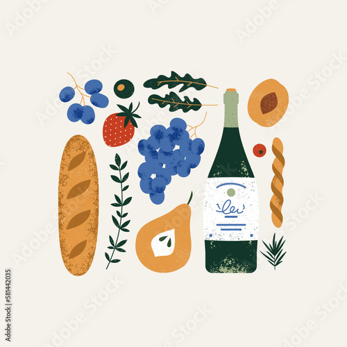 Assortment of wine appetizers. Bread with grape and wine bottle.