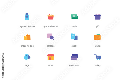 Shopping concept of web icons set in color flat design. Pack of payment terminal, grocery basket, cash, gift, bag, barcode, check, wallet, store, trolley and other. Vector pictograms for mobile app