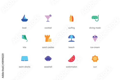 Summer holiday concept of web icons set in color flat design. Pack of boat, cocktail, surfing, diving mask, kite, sand castle, beach, ice cream, watermelon and other. Vector pictograms for mobile app