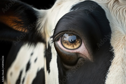 4 year old Holstein cow with a close up of its eye peering into the camera. Generative AI photo