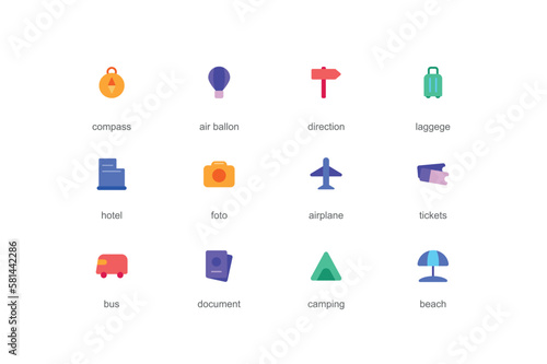 Travel concept of web icons set in color flat design. Pack of compass, air balloon, direction, luggage, hotel, photo, airplane, tickets, bus, camping, beach and other. Vector pictograms for mobile app