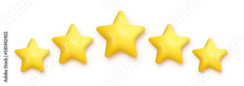 5 gold stars for product review vector illustration. 3d five yellow or golden ranking symbols in row for feedback, satisfaction opinion on website service or mobile app isolated on white background