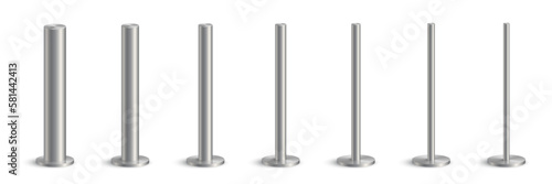 3d metal pole signpost on base vector illustrations set. Realistic grey steel, iron or chrome pillars with polished surface, vertical different diameter cylinder pipe holders for board or flag