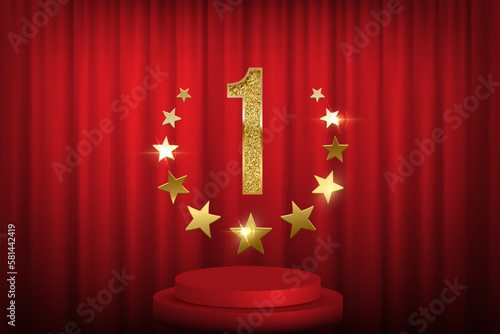 Red podium for first place with golden star wreath. Gold one number on stage on red curtain background. Championship in sport or movie victory in competition, nomination award vector illustration