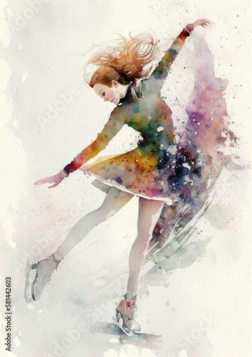 Figure skater in a dress on ice, watercolor painting, created with Generative AI technology.