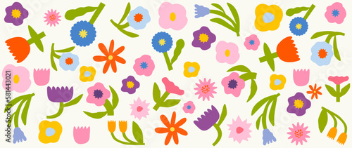 Vector flat background. Bright modern floral pattern. Perfect for template, textile design, poster, card, screen saver and home design.