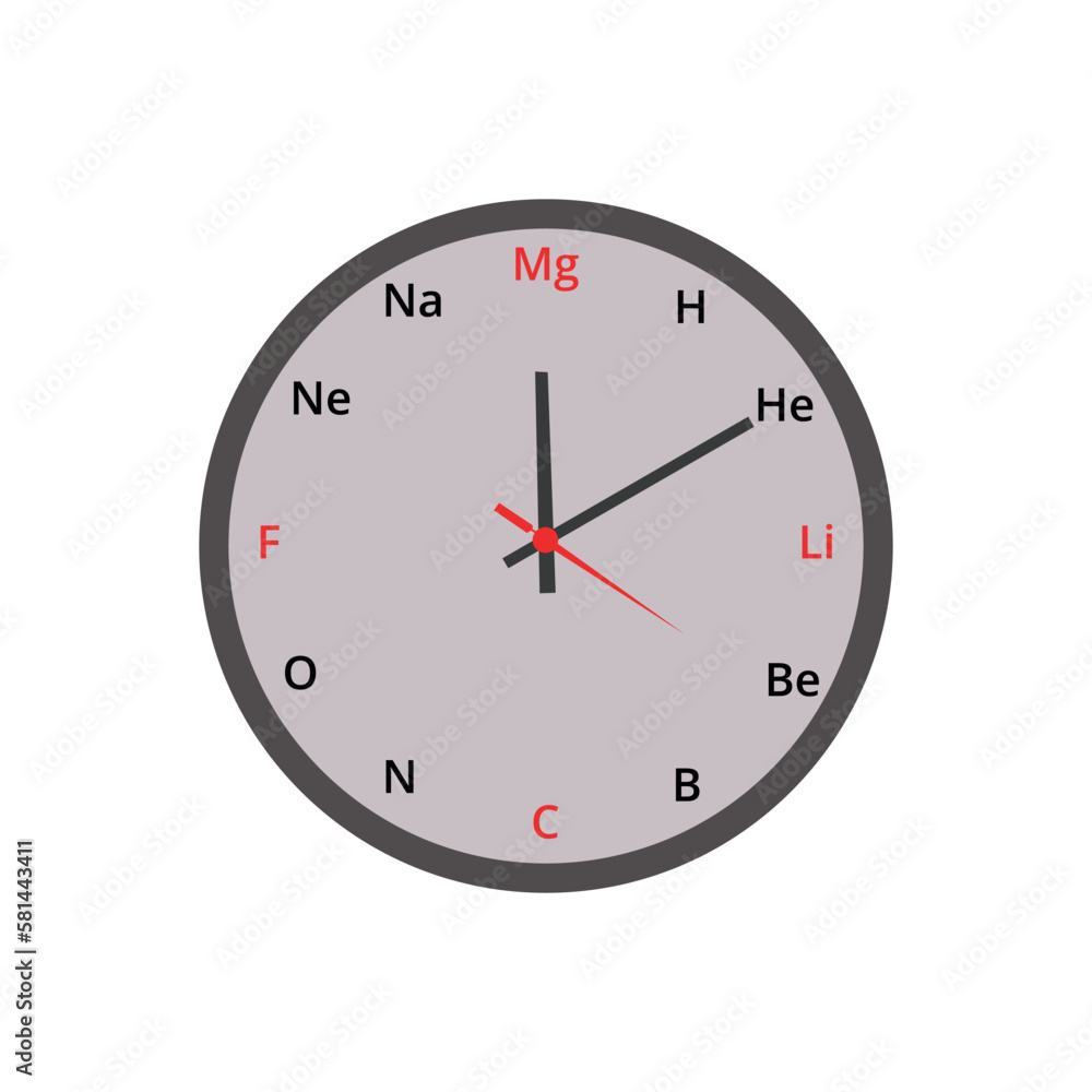 clock vector illustration with chemical elements in place of corresponding numbers, creative custom clock design. clock vector illustration with chemical elements in place of corresponding numbers, creative custom clock design.