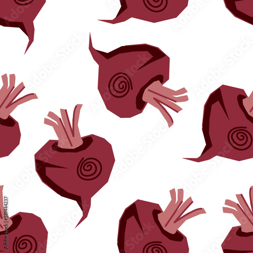 Beet vegetable seamless pattern for kitchen utensils and food wrapping. Beetroot seamless pattern design for design of kitchen textiles and food packaging, flat hand drawn vector illustration.