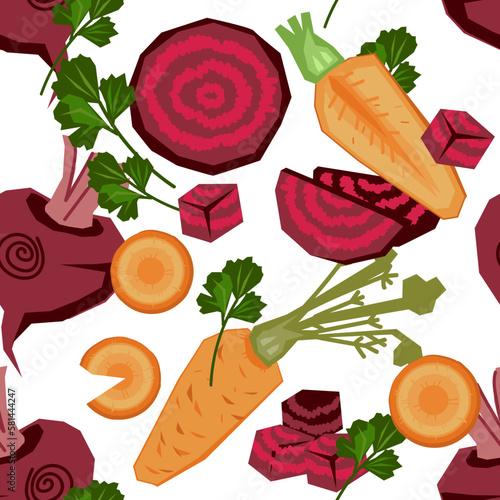 Vegetable seamless pattern design with beet and carrot for kitchen utensils and food wrapping. Beetroot and carrot seamless pattern design for design of kitchen textiles, flat vector illustration.