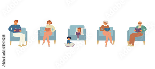 People read books  sitting in a chair. Adults, senior and children. Vector illustration set