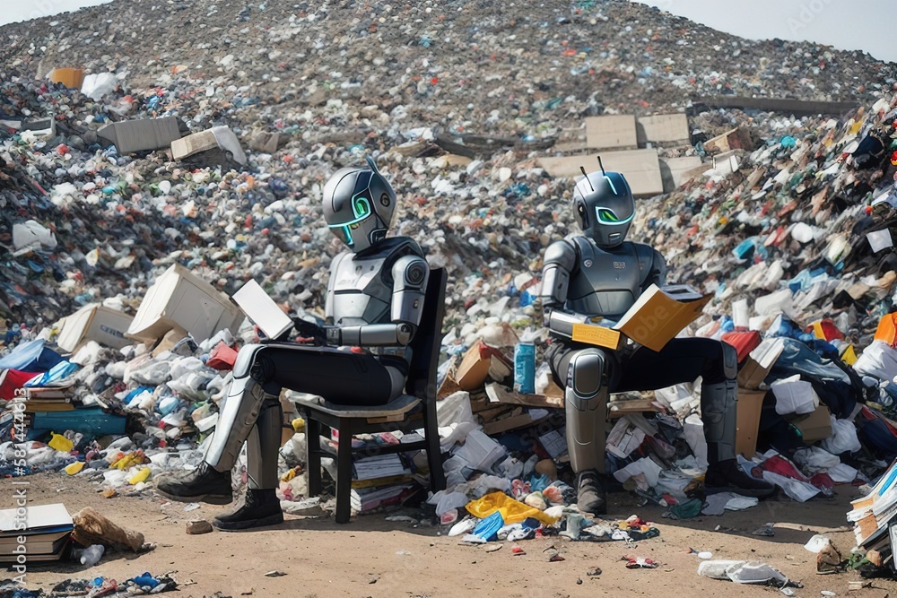 An android robot reads a book sitting on a bench against the backdrop of a garbage dump, AI generative.