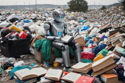 An android robot reads a book sitting on a bench against the backdrop of a garbage dump, AI generative.