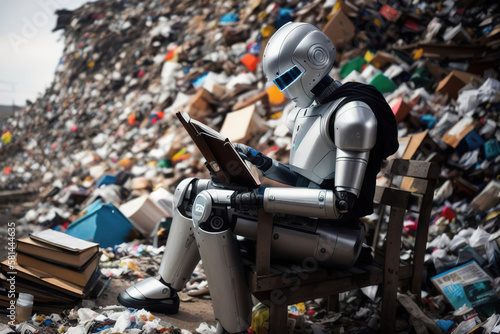 An android robot reads a book sitting on a bench against the backdrop of a garbage dump, AI generative.