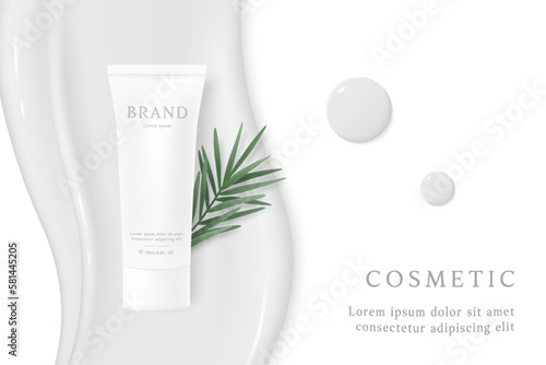 Cosmetics and skin care product ads template on white background with lotion and leaves.