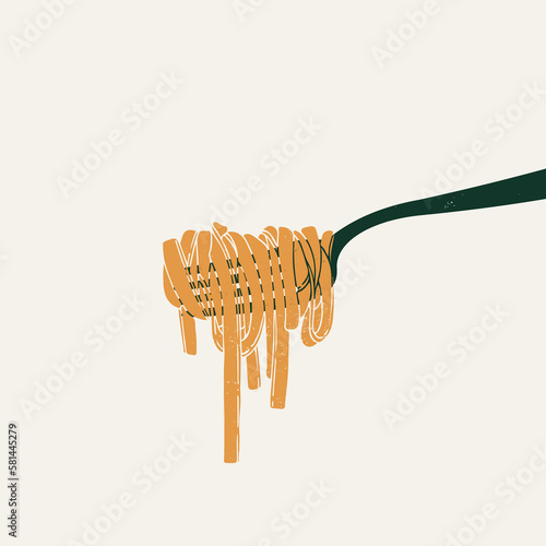 Fettuccine Pasta with a basil on a fork. Italian food design template. Textured vintage illustration. Vector illustration
