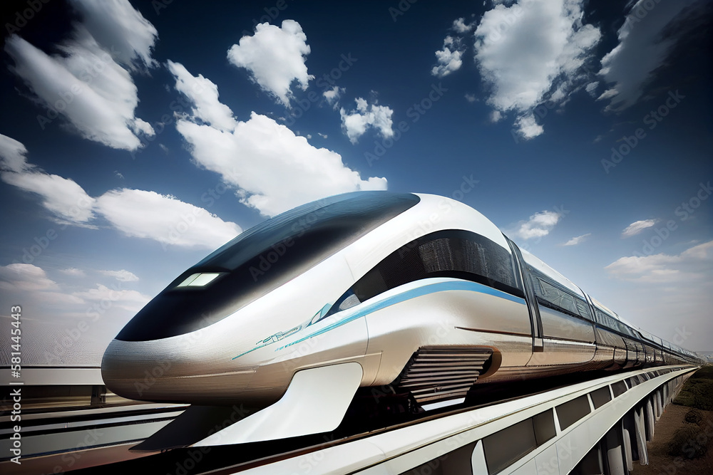 Modern train races by blurred motion at sunset ,generative AI Modern train races by blurred motion at sunset ,generative AI