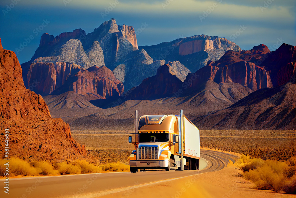 Truck driving through mountains delivering freight cargo ,generative AI Truck driving through mountains delivering freight cargo ,generative AI