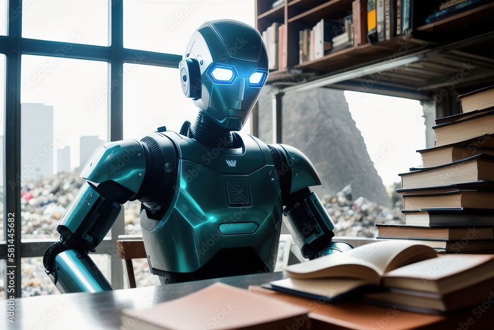 Android robot reads a book sitting on a bench, AI generative. Android robot reads a book sitting on a bench, AI generative.