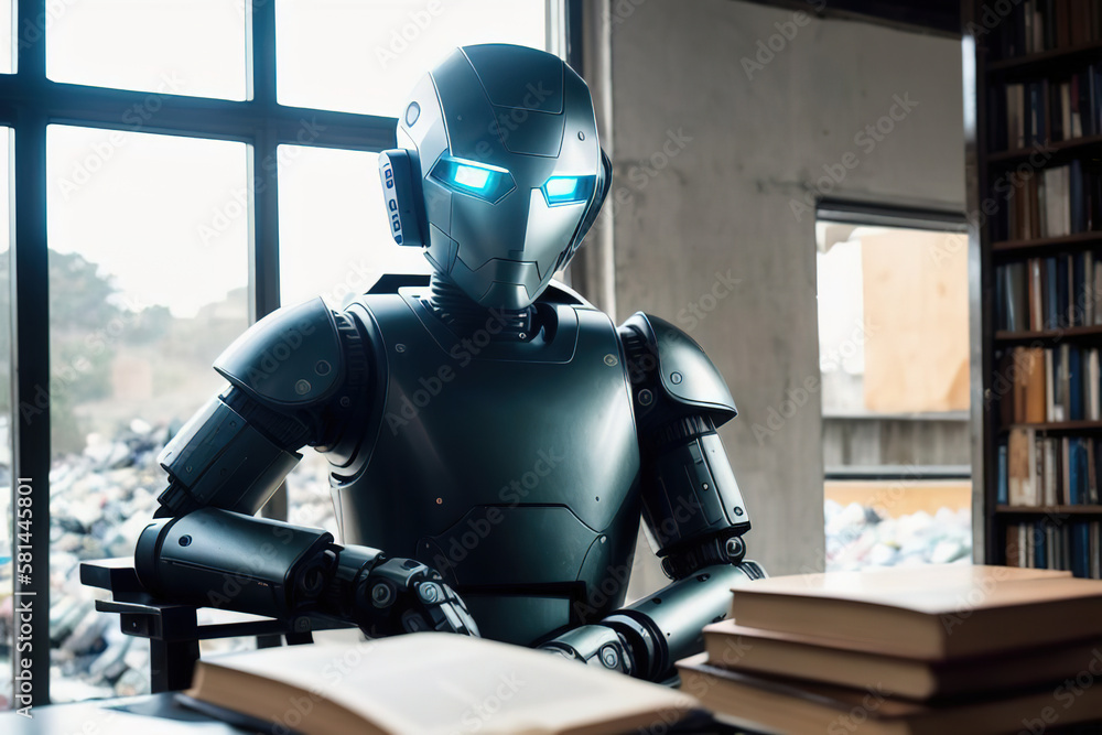 Android robot reads a book sitting on a bench, AI generative. Android robot reads a book sitting on a bench, AI generative.