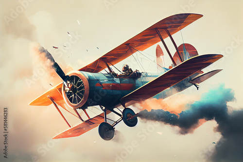 An old fashioned biplane performing a stunt mid air ,generative AI photo