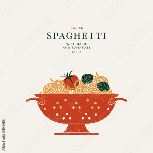 Red colander with fresh pasta and tomatoes. 