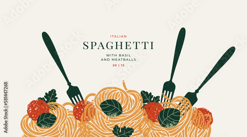Forks tasting spaghetti with basil and meatballs. Food textured horizontal composition. 