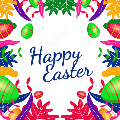Happy Easter greeting card design with colorful leaves and egg frames