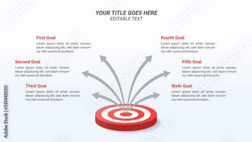Company Goals Infographic Presentation Template on a 16:9 Ratio with 3D Isometric Bullseye or Target Board with 6 Steps and Arrows for Business Goals, Business Report, and Website Design.