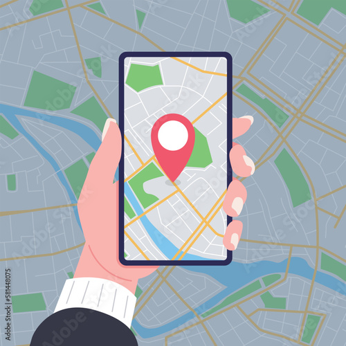 Woman holding smartphone with gps navigation map on screen. Mobile navigation concept. Vector.