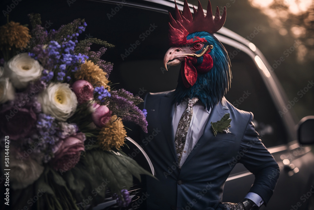 humanoid rooster with a bouquet of flowers. Created with AI technology