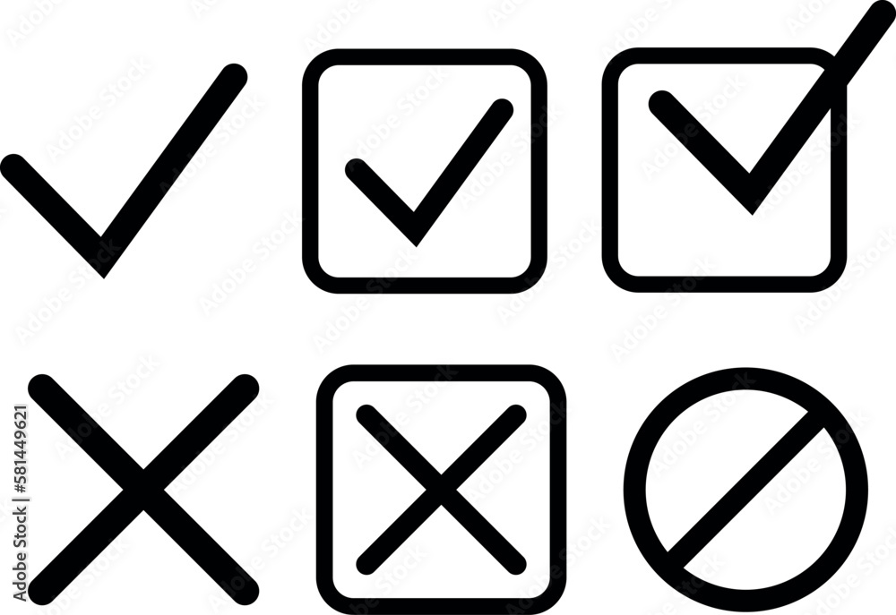 Check mark icon. Confirm, deny, or prohibit. Simple illustration in black. Check mark icon. Confirm, deny, or prohibit. Simple illustration in black.