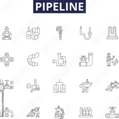 Pipeline line vector icons and signs. Pipeline, Conduit, Line, Flow, Channel, Main, Network, Aqueduct outline vector illustration set