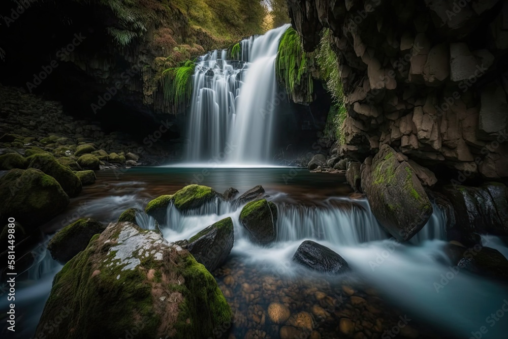 Fototapeta premium Dumbria La Coruna Galicia Spain Europe Long Exposure of Ezaro Waterfall Cascada Xallas Jallas River Flowing Down Rock. Generative AI