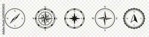 Compass Silhouette Icon Set. Windrose, Rose Wind Symbol. Navigational Orientation Equipment Glyph Pictogram. Adventure Direction to North, South, West, East Solid Sign. Isolated Vector Illustration