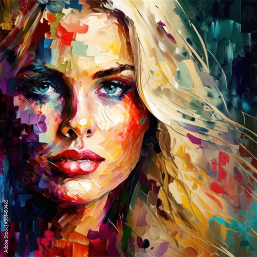 Beautiful blond woman colorful portrait in vivid impressionist style generative AI photo