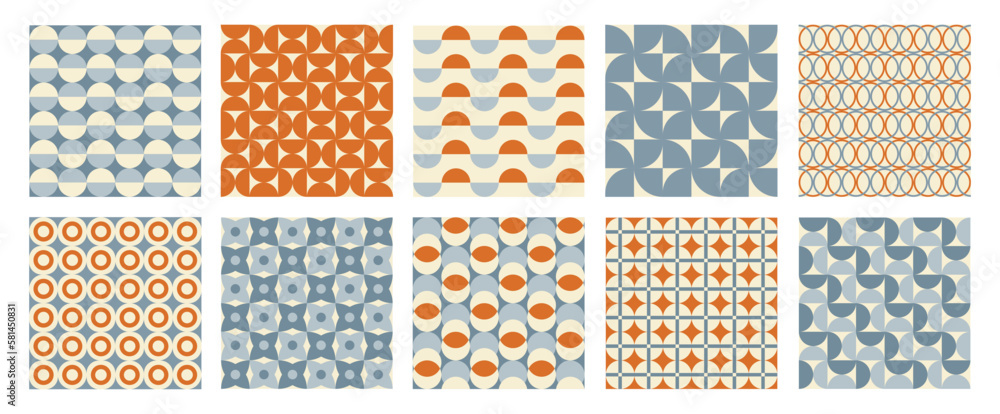 Trendy retro set geometric seamless patterns with colorful semicircles and circles. Modern abstract background. Orange, beige and blue colors. Vector illustration
