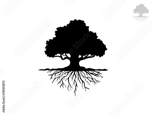 Black Trees and root with leaves look beautiful and refreshing. Tree and roots LOGO style.