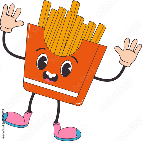 Cartoon character retro French fries food 70s street food. In trendy groovy hippie retro style. 