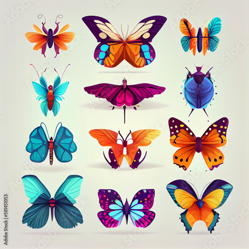 butterfly set  cartoon style  flat design  generative ai