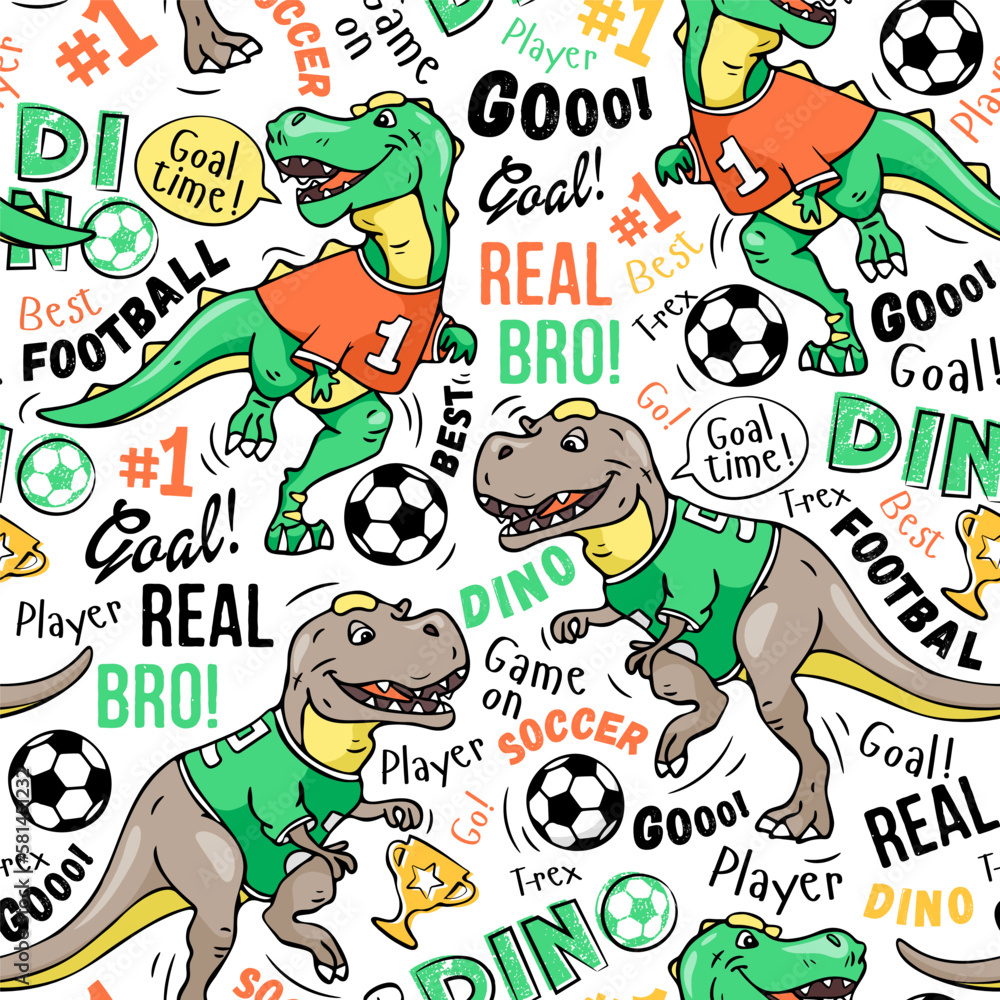 Fototapeta premium Art. Football pattern on a wite background. Cute dinosaur plays soccer. Design for kids. Vector illustration.