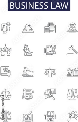 Business law line vector icons and signs. Regulations, Corporate, Litigation, Compliance, Transactions, Securities, Banking, Anti-trust outline vector illustration set