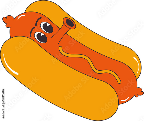 Cartoon character retro hot dog food 70s street food. In trendy groovy hippie retro style. 