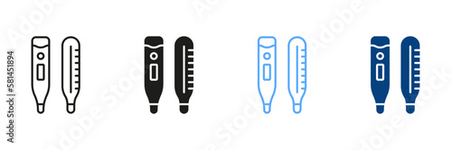 Medical Tool for Temperature Control Pictogram. Thermometer Line and Silhouette Icon Set. Electronic and Mercury Thermometer Black and Color Symbol Collection. Isolated Vector Illustration