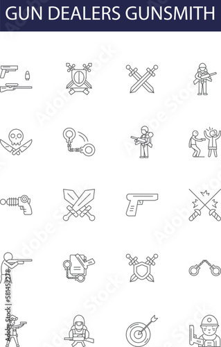 Gun dealers gunsmith line vector icons and signs. Dealer, Guns, Arms, Dealer, Firearms, Supplies, Stocking, Service outline vector illustration set