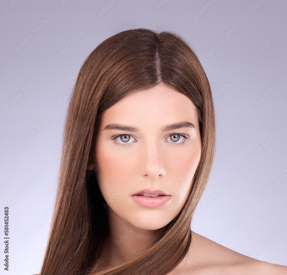 Fototapeta premium Beauty, face portrait and studio woman with natural makeup, luxury facial cosmetics and skincare glow. Dermatology wellness, spa salon and aesthetic model girl isolated on pastel purple background