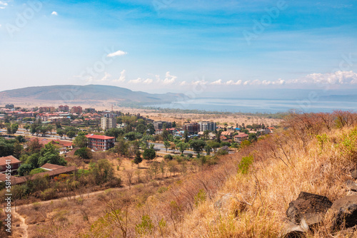 Aerial view of Nakuru Town against the background of Lake Nakuru in Kenya