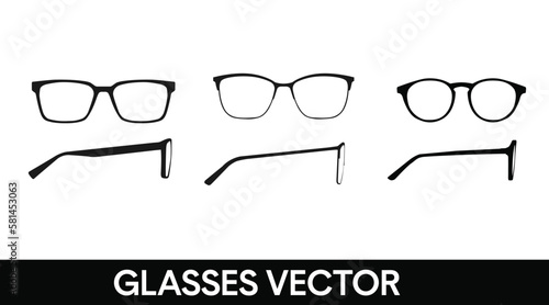 Vector isolated Illustration of a Glasses Frame Set. Set of Black glasses Frame Front and Side View
