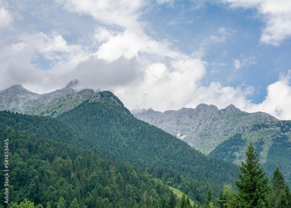 Alpine view in summer day, Julian Alps, Sella Nevea, Italy